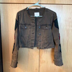 Cinq A Sept Embroidered Embellished Halina Crop Denim Jacket Size S Green